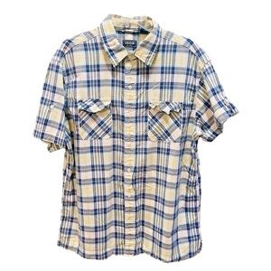 Izod Yellow and Blue Plaid Short Sleeve Button Down Shirt Large